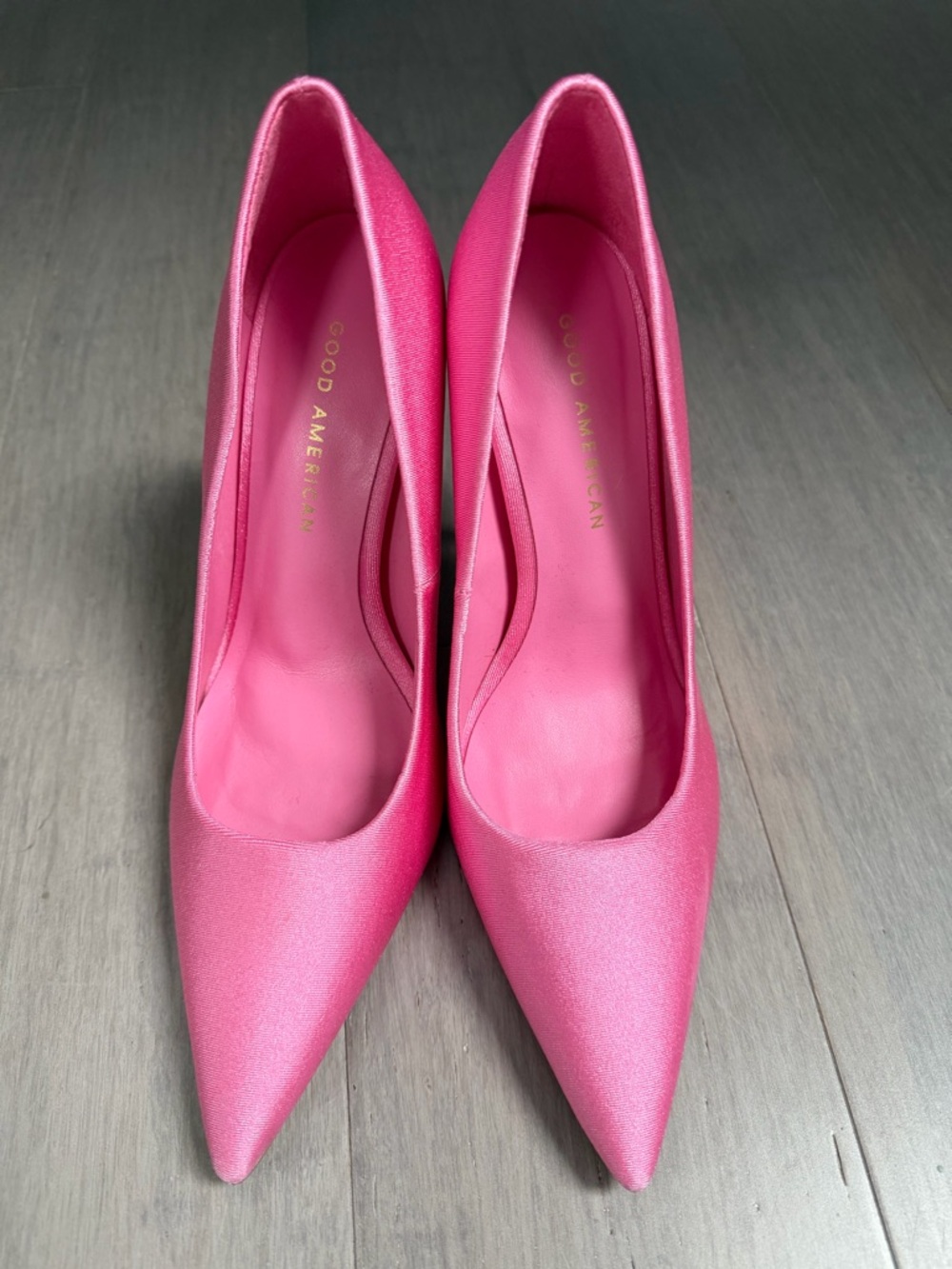 Good American Fuchsia Satin Pointed Toe Pumps | Pink Heels Stiletto Size 8